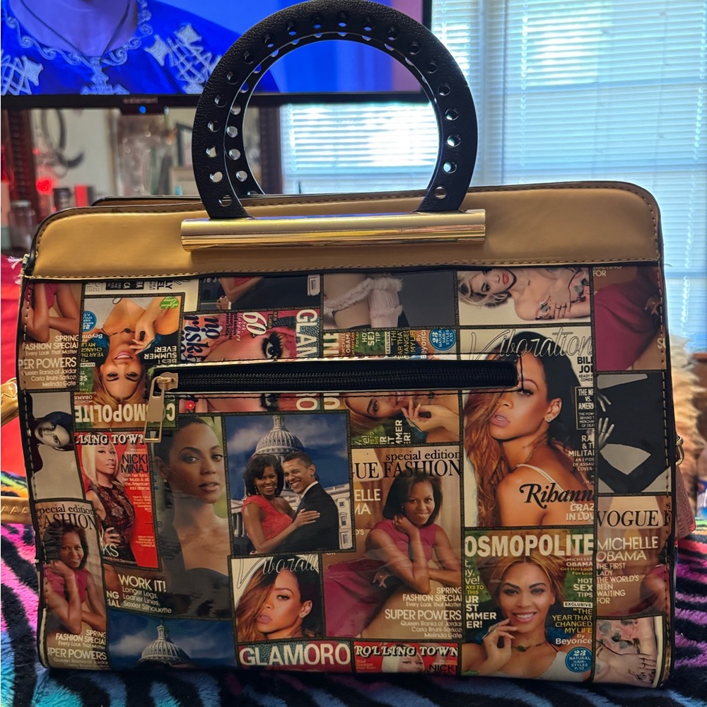 Vibrant Magazine Print Satchel with Black Handles